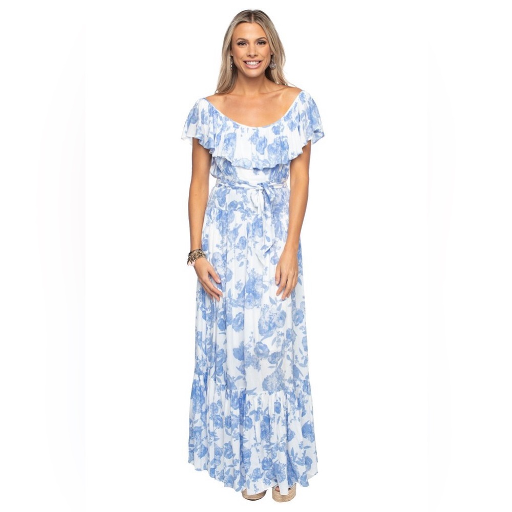 Buddy Love Blue and White Ruffled Off the Shoulder Maxi Sundress